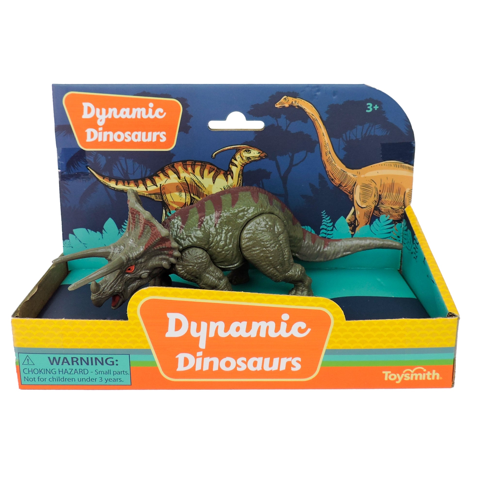 The Toysmith 7in Dynamic Dinosaurs toy Triceratops has movable limbs and comes in colorful packaging with illustrated dinosaurs and a choking hazard warning on the front.
