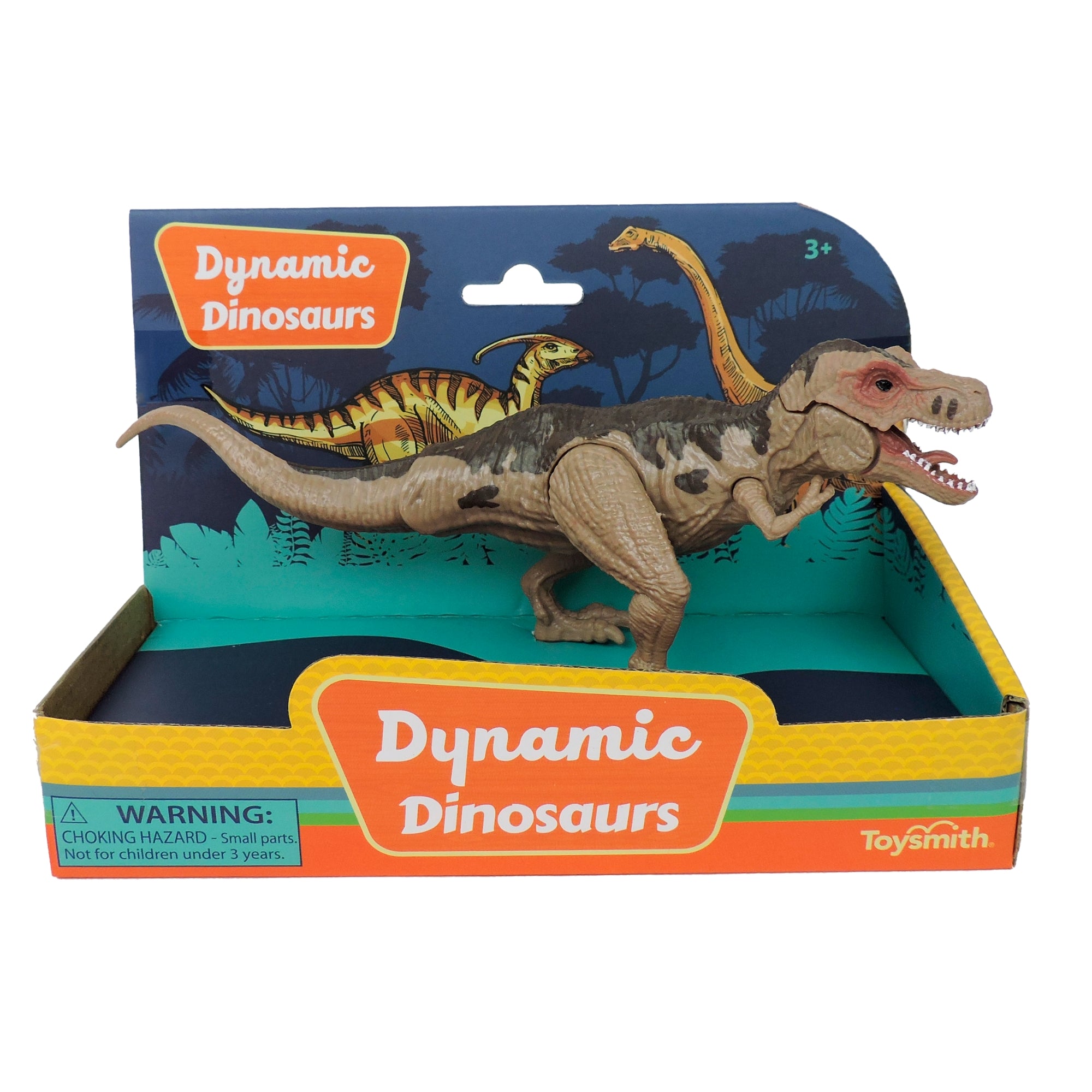 The Toysmith 7in Dynamic Dinosaurs features a plastic T. rex with movable limbs, packaged in a colorful Toysmith box decorated with dinosaur illustrations and a small parts warning.