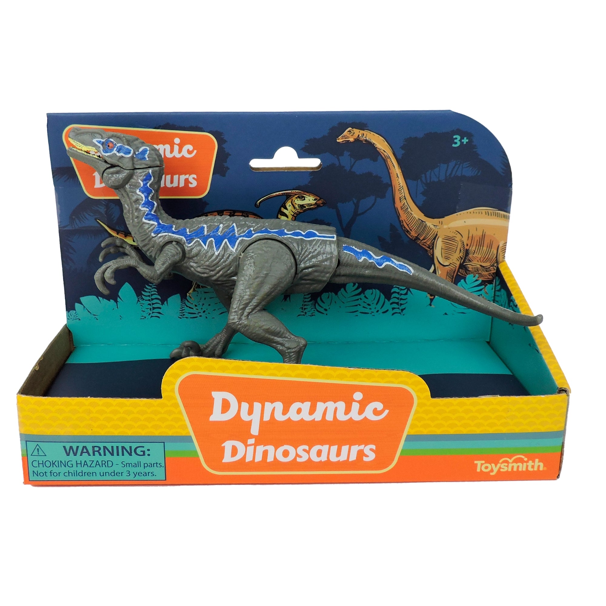 The Toysmith 7in Dynamic Dinosaurs features a blue-marked velociraptor with movable limbs in an open box. The packaging warns of small parts and showcases exciting illustrations for endless prehistoric adventures.