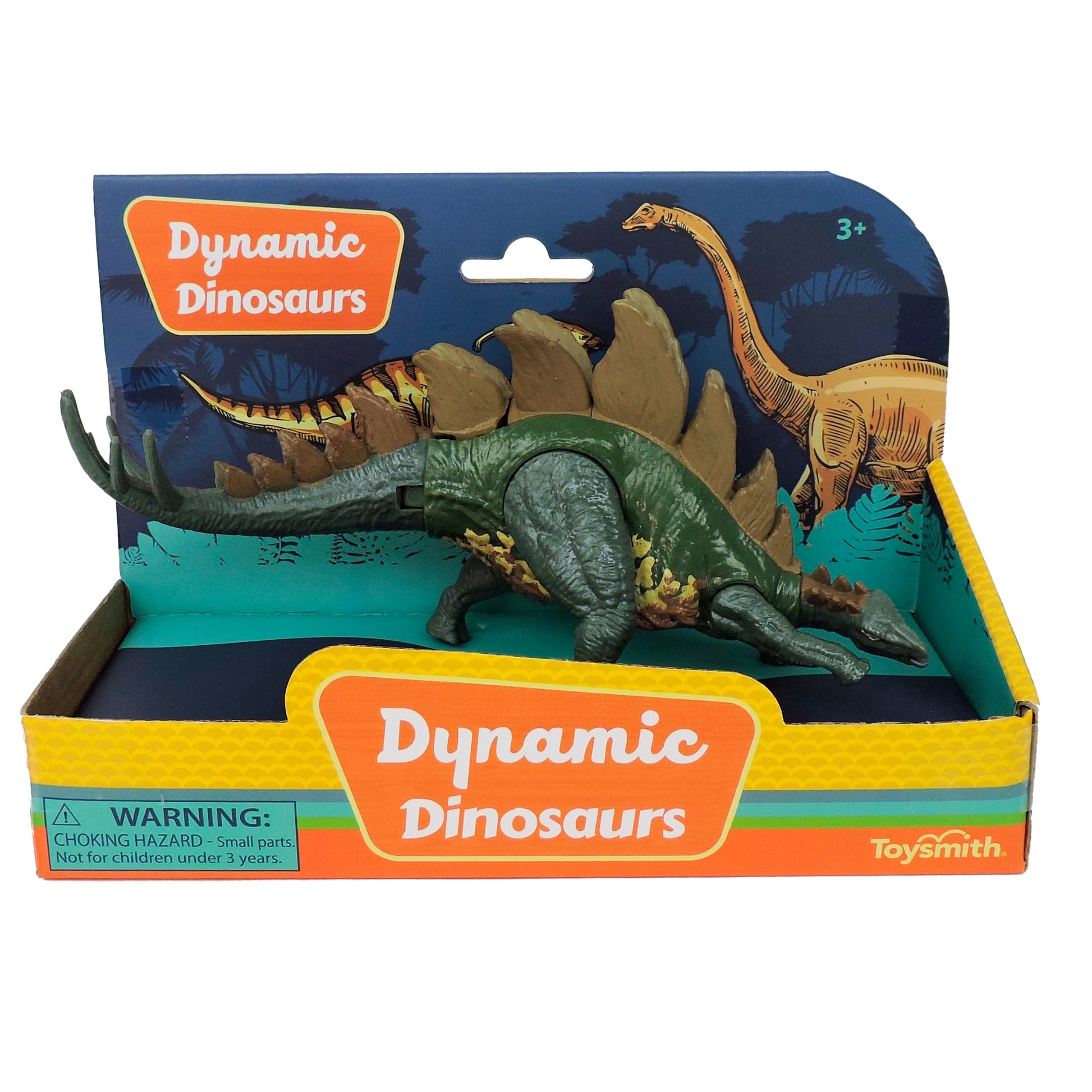 The Toysmith 7in Dynamic Dinosaurs features a green stegosaurus with brown plates and movable limbs in an open box with dino illustrations, branding, and a small parts warning.
