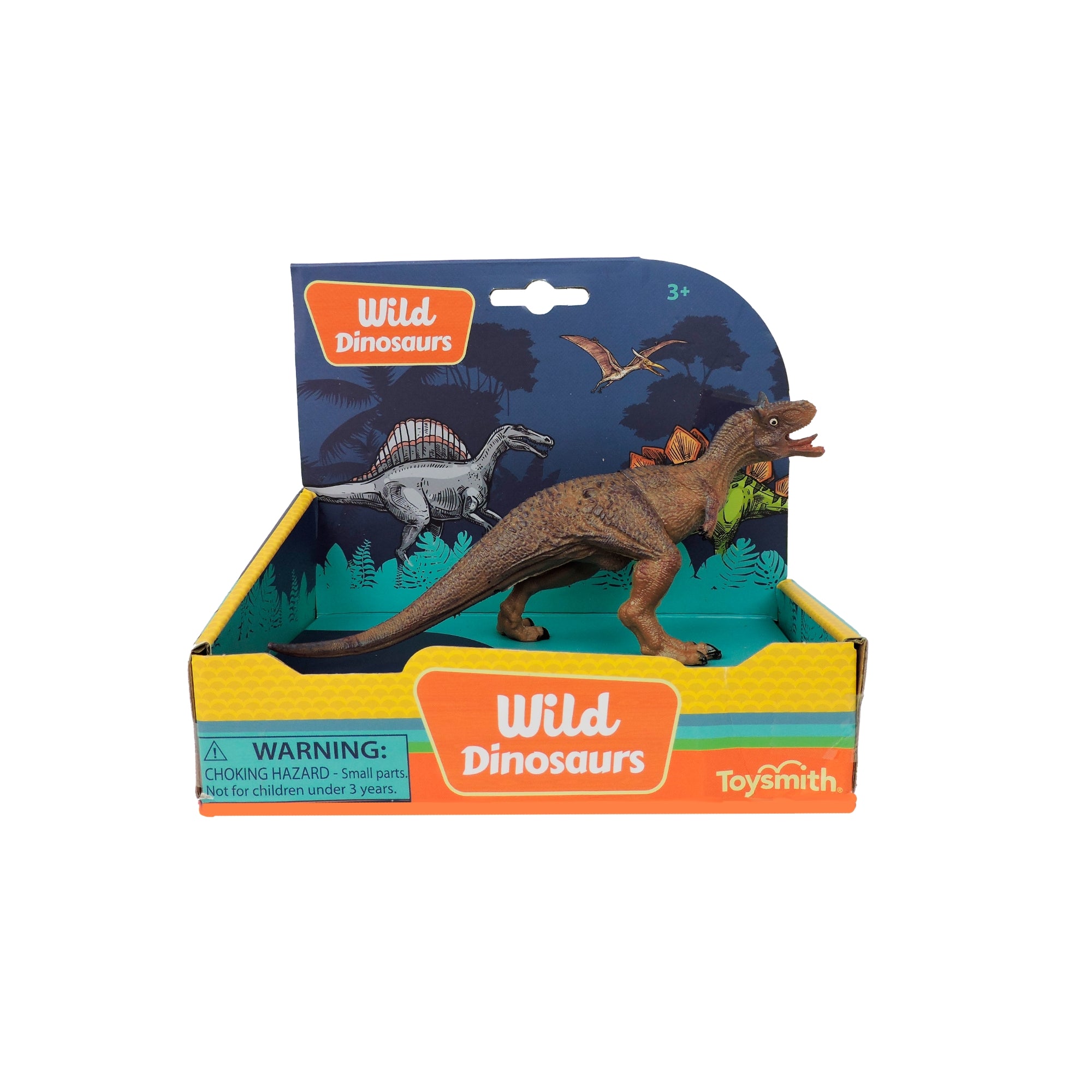 The Toysmith 6in Wild Dinosaurs figure features lifelike details and comes in colorful packaging, perfect for imaginative play. Warning: contains small parts; not suitable for children under 3 years.