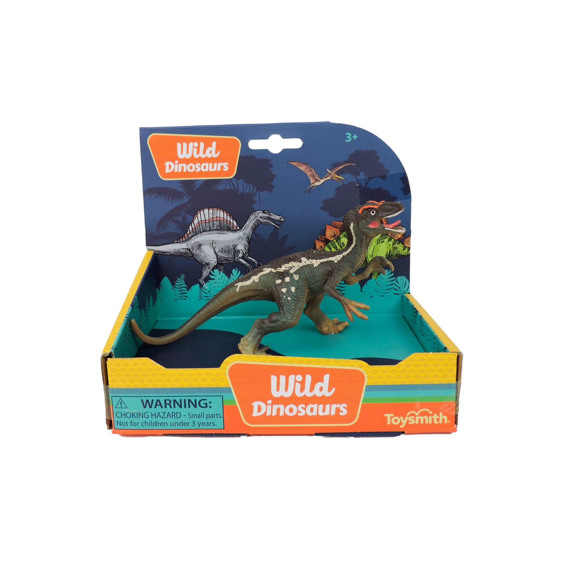 The Toysmith 6in Wild Dinosaurs toy features lifelike details and comes in a colorful Toysmith box with a prehistoric volcano scene and other dinosaurs in the background. Packaging includes a visible warning label.
