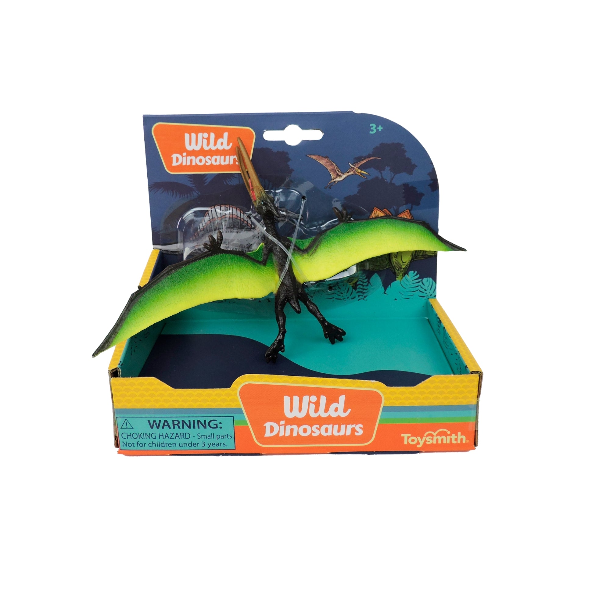 A green and black 6-inch Toysmith Wild Dinosaurs pterosaur in a box with illustrated dinosaurs and a small parts warning—perfect for imaginative play.