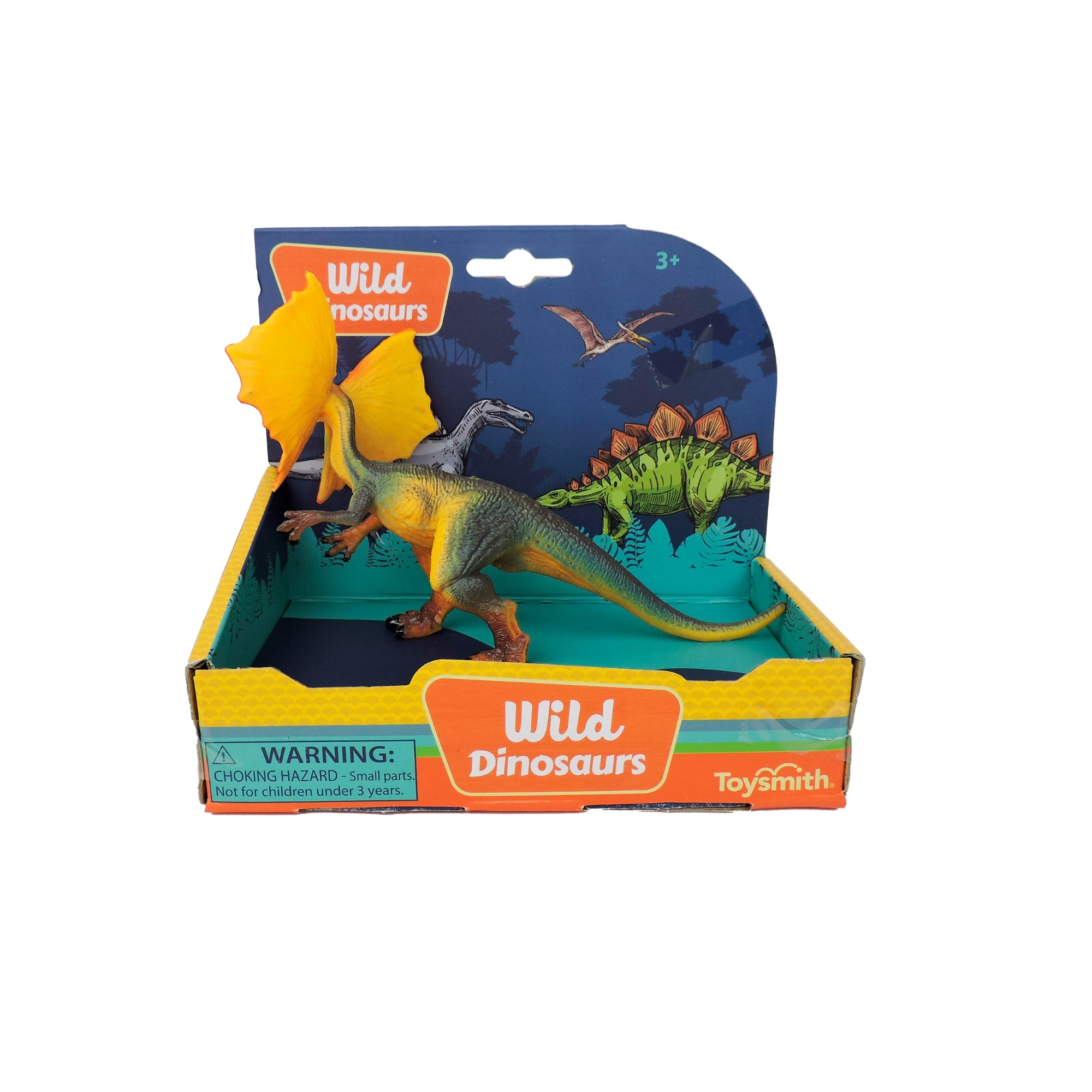 The Toysmith 6in Wild Dinosaurs features a frilled-neck dinosaur figure with lifelike details in a colorful Toysmith box with dino illustrations and a choking hazard warning, ideal for imaginative play.