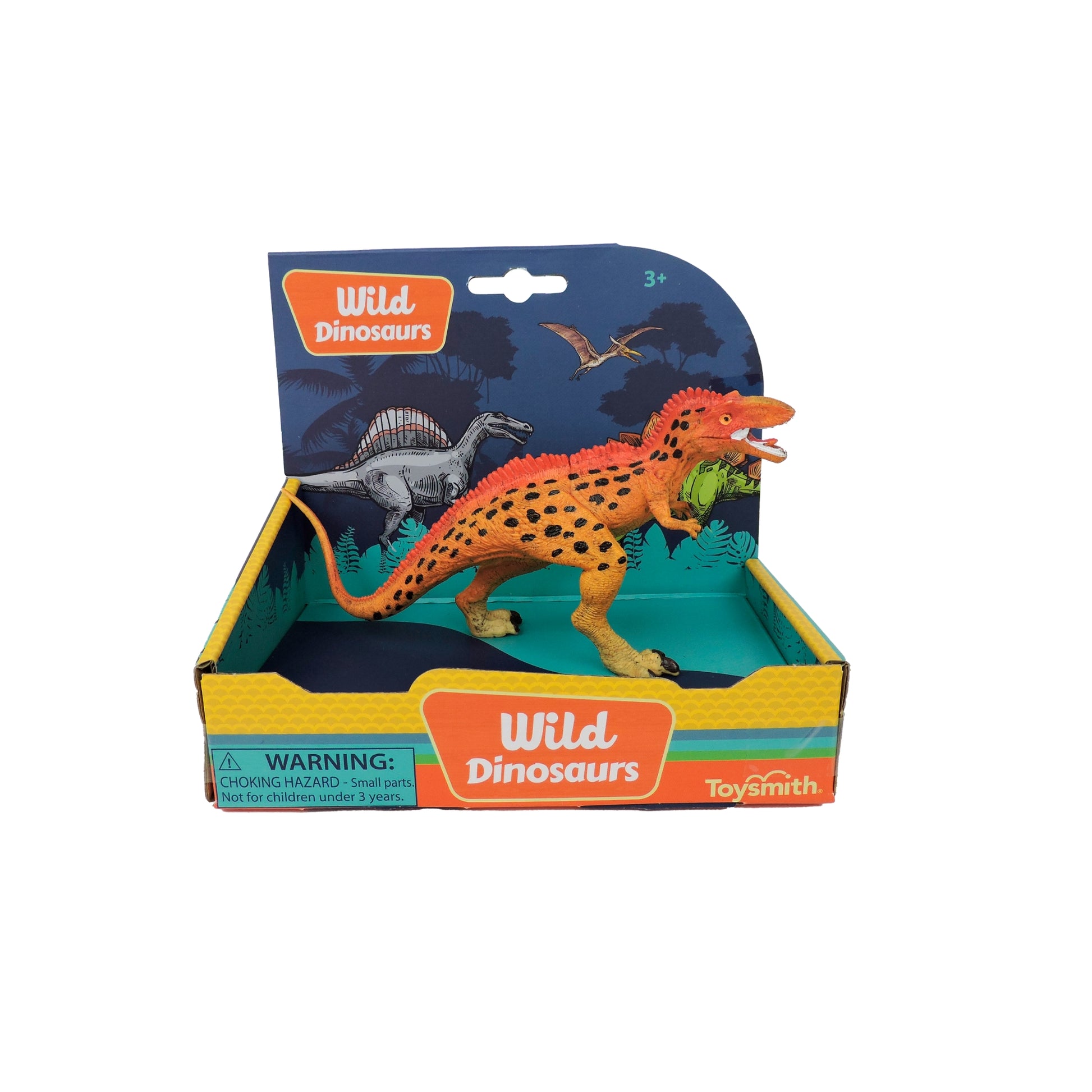 The Toysmith 6in Wild Dinosaurs figurine features lifelike details with orange and black coloring, comes in a dinosaur-themed Toysmith box, and includes a warning label for ages 3+, making it perfect for imaginative play.