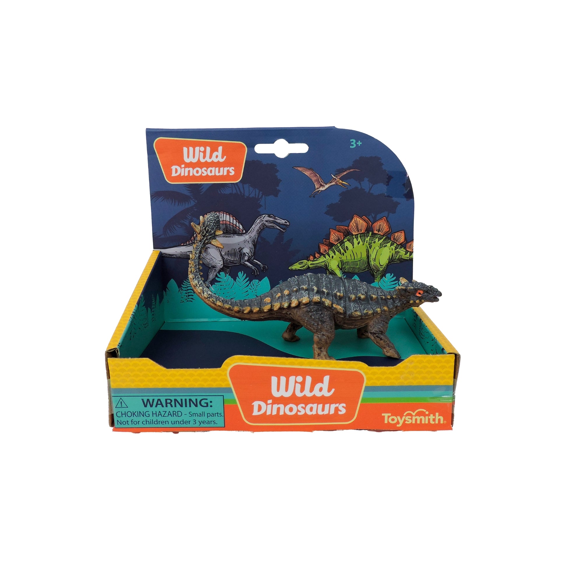 The Toysmith 6in Wild Dinosaurs set features a lifelike plastic dinosaur figure in open packaging with a yellow and blue background and small parts warning, making it perfect for imaginative play.