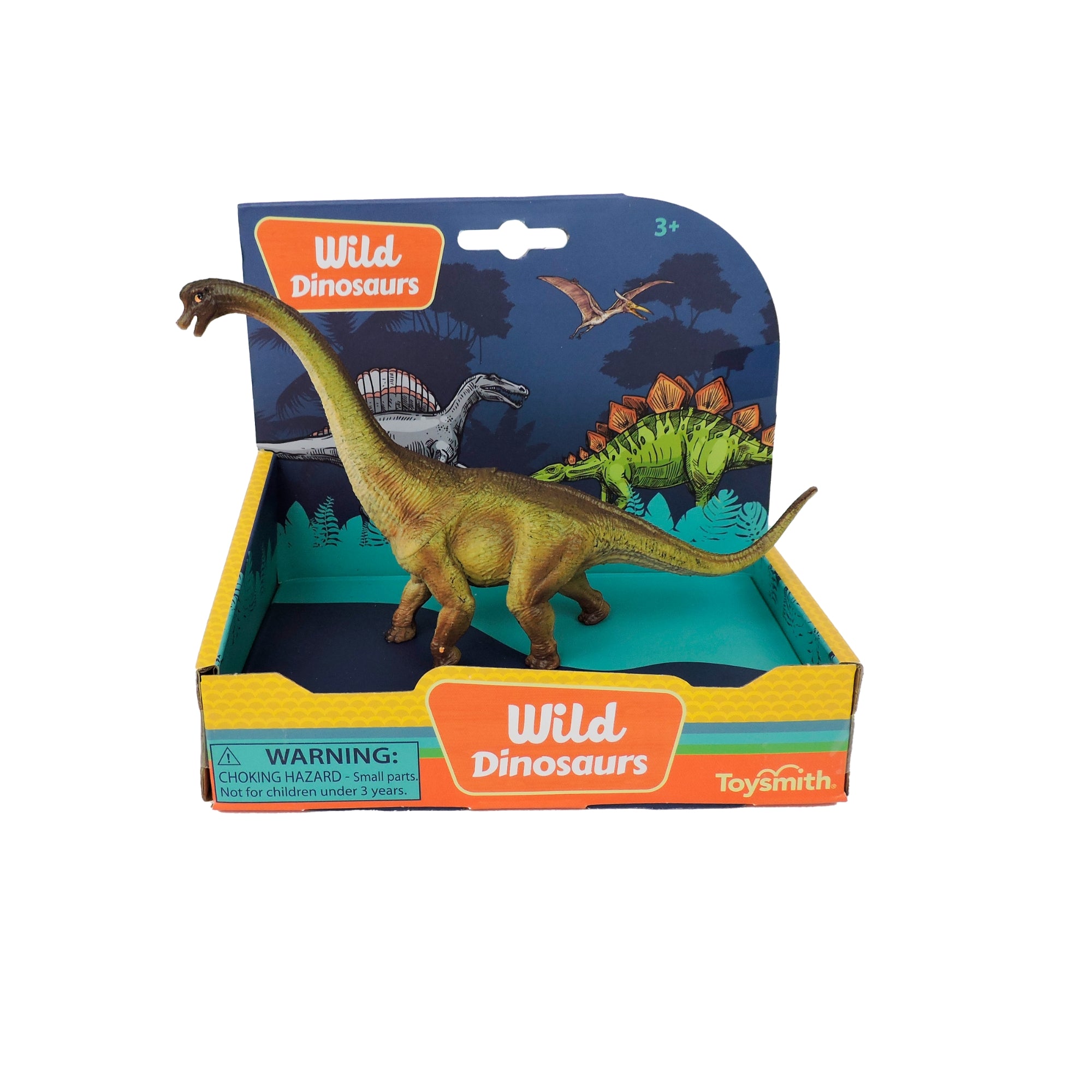 A Toysmith 6in Wild Dinosaurs green, long-necked toy dinosaur with lifelike features is displayed in an open box decorated with dinosaur illustrations and a small parts warning—ideal for imaginative play.