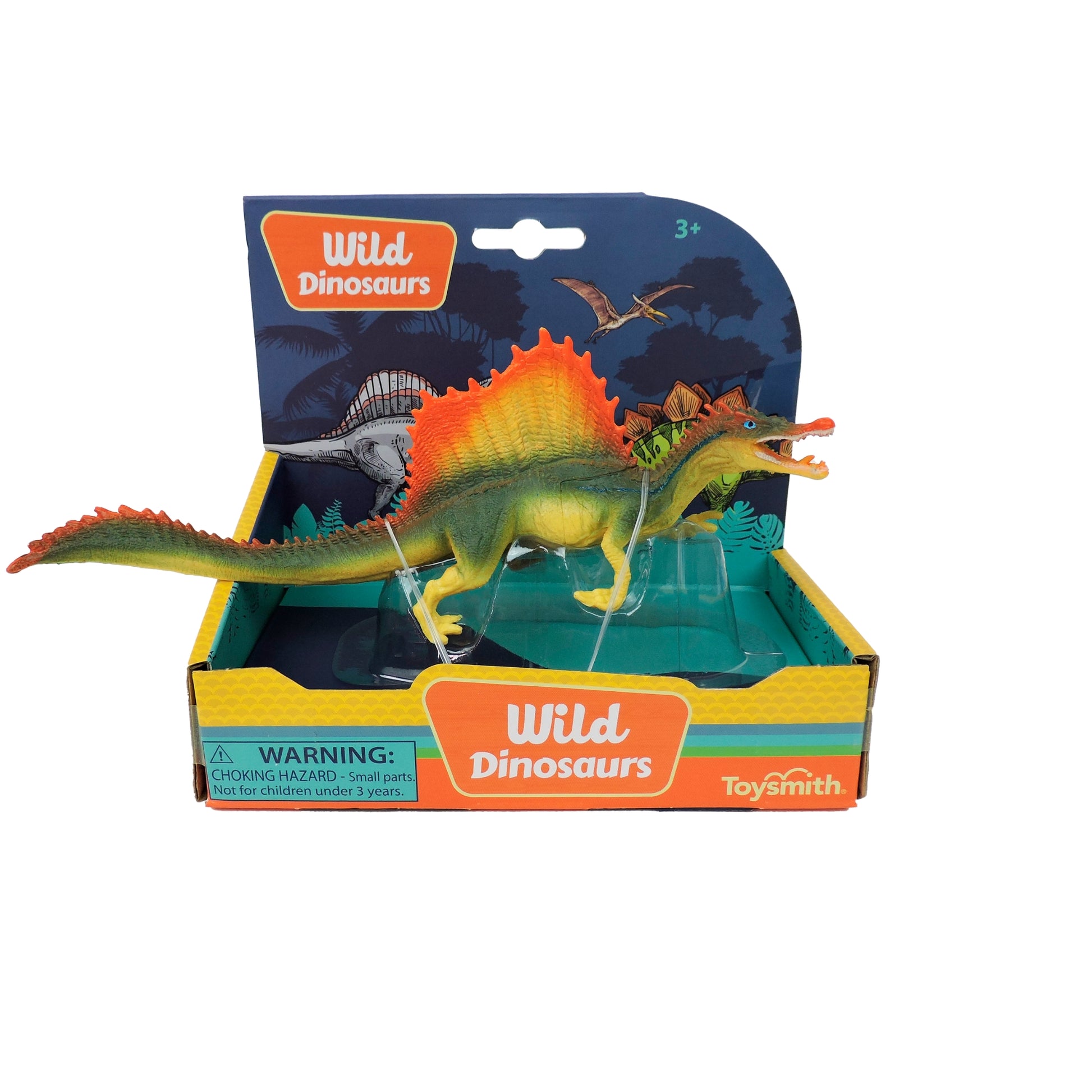 The Toysmith 6in Wild Dinosaurs toy features a colorful dinosaur with lifelike details and a red, orange, and green sail, packaged in a box with dinosaur graphics. Encourages imaginative play. Warning: small parts.