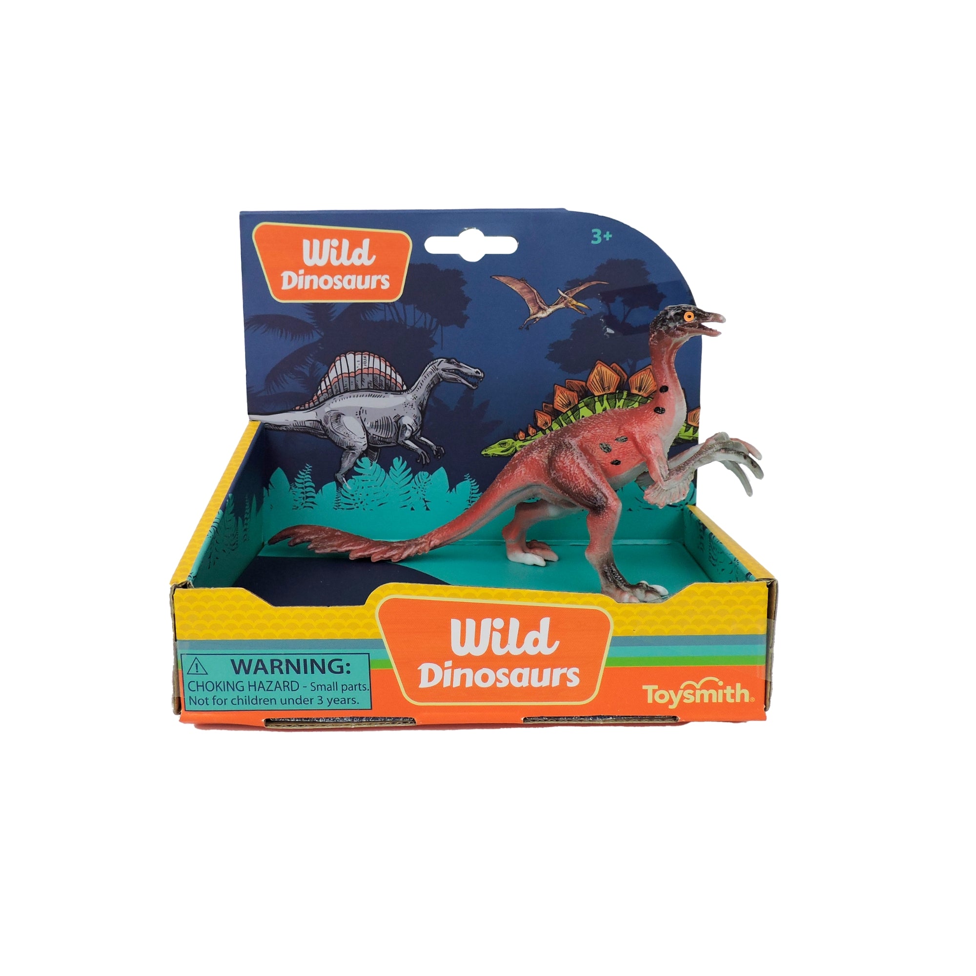 The Toysmith 6in Wild Dinosaurs figure features lifelike details, colorful Wild Dinosaurs packaging with a warning label and illustrations of other prehistoric creatures—ideal for imaginative play.