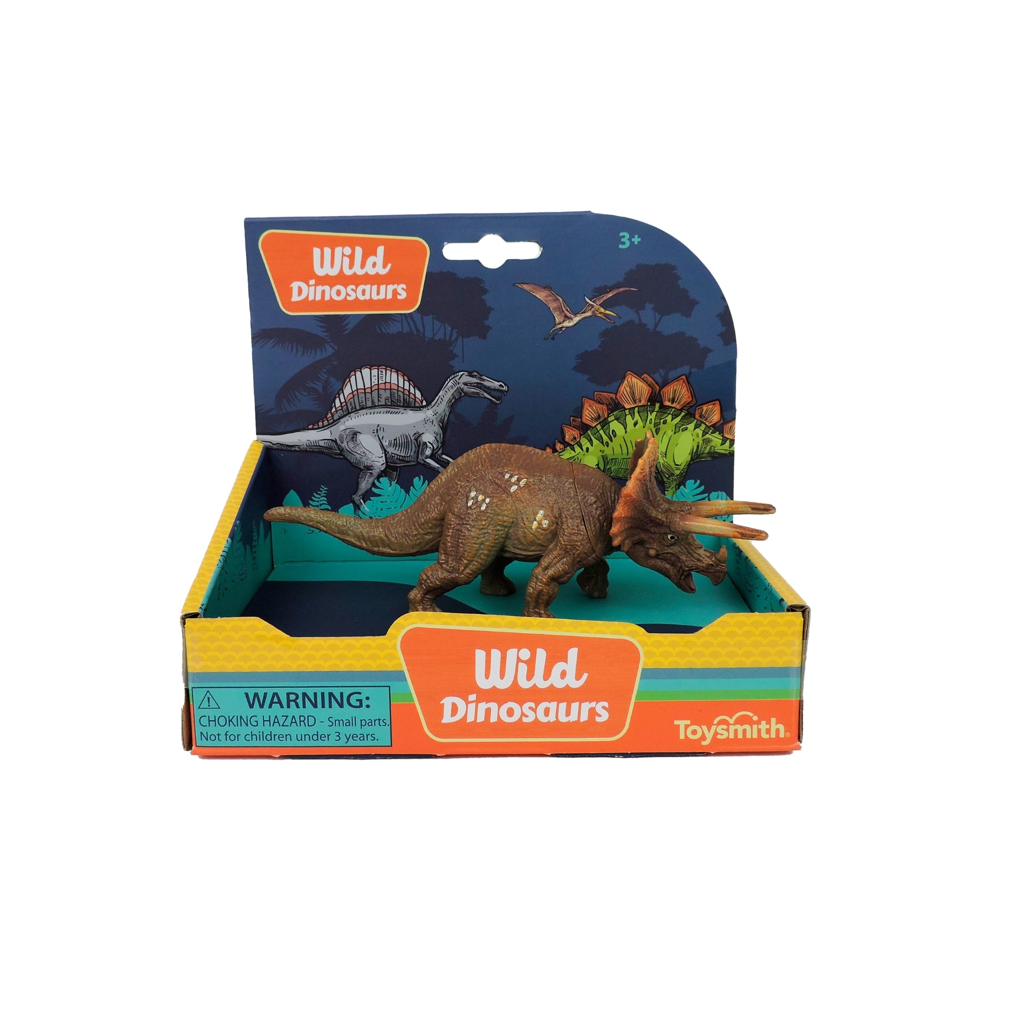The Toysmith 6in Wild Dinosaurs Triceratops features lifelike details and comes in a colorful box with dinosaur art and a small parts warning, encouraging imaginative play.
