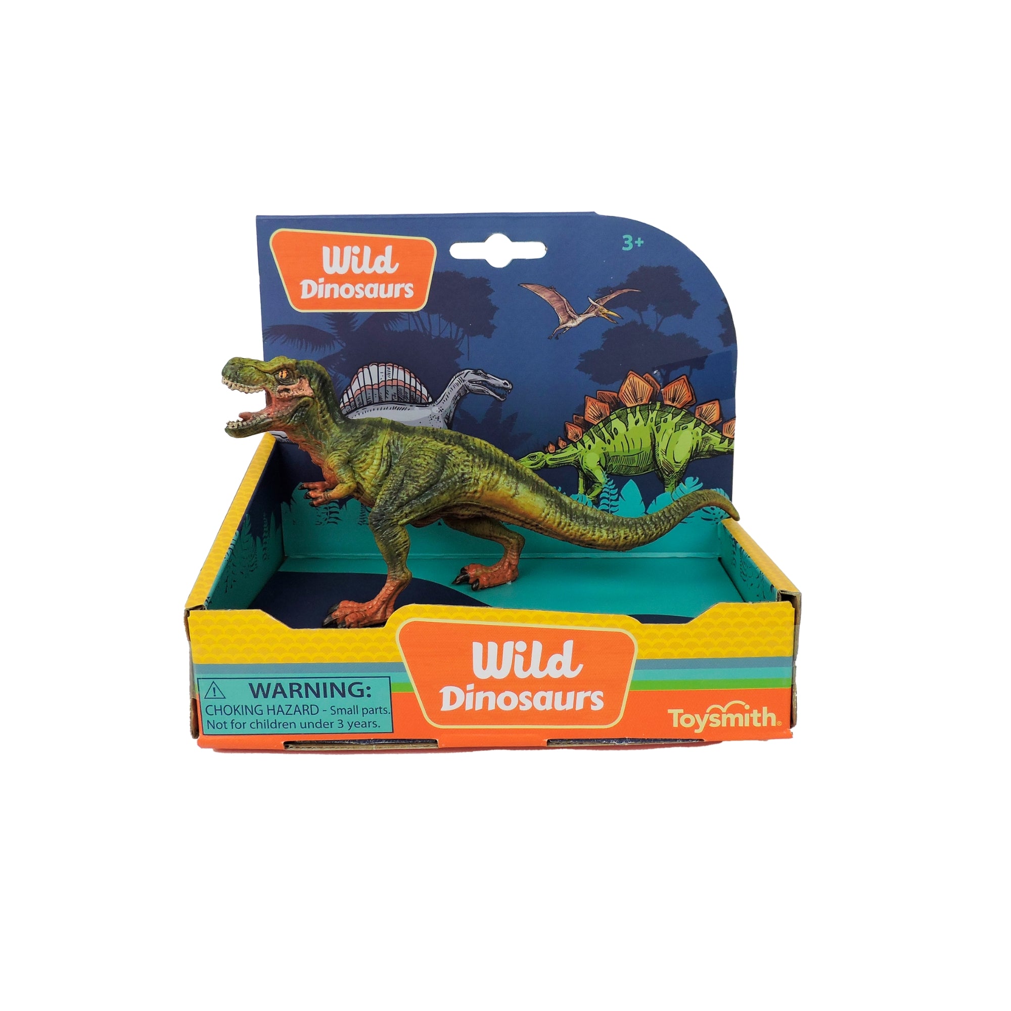 The Toysmith 6in Wild Dinosaurs toy features lifelike green dinosaur details, comes in a vibrant open box with illustrated dinosaurs and a small parts warning—ideal for imaginative play.