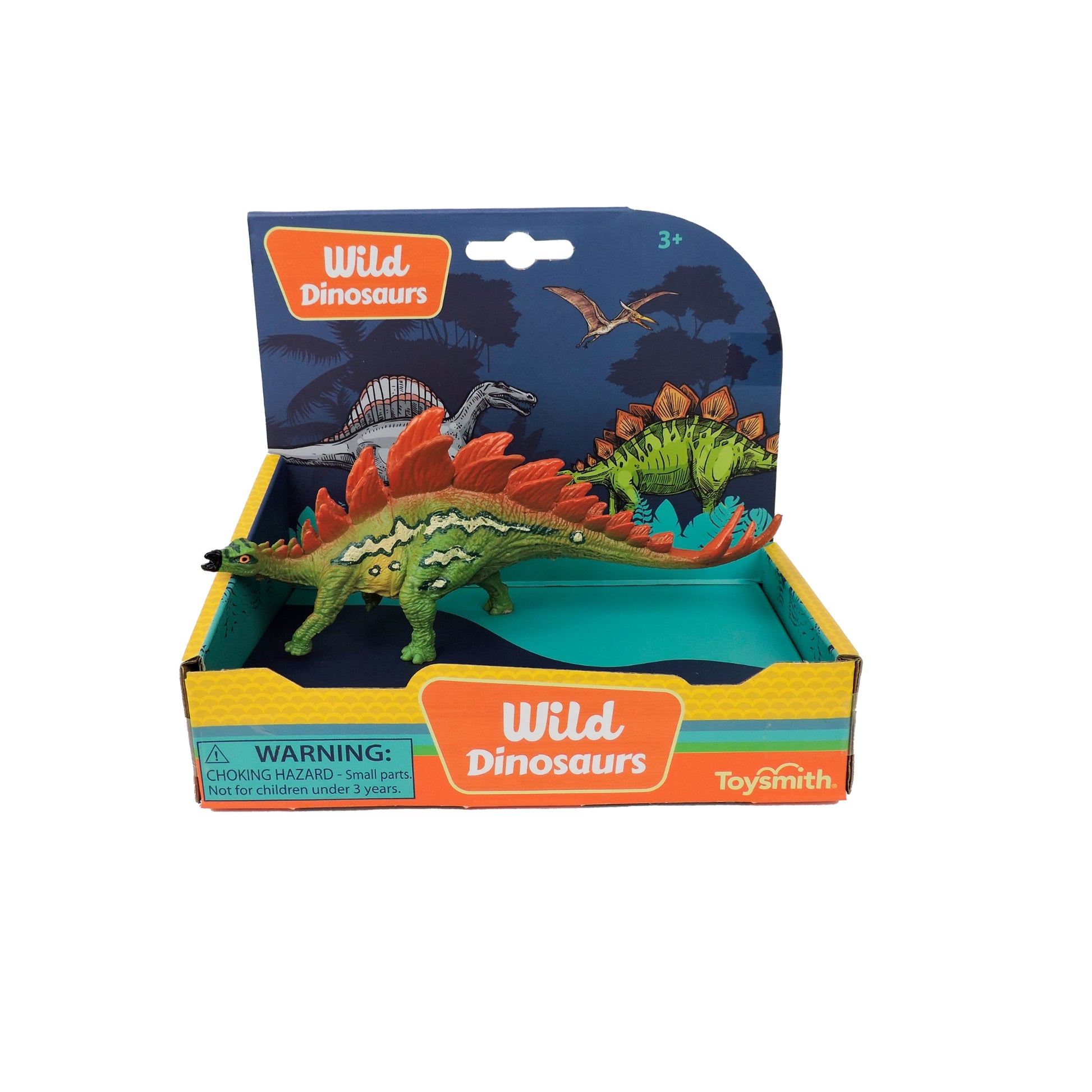 The Toysmith 6in Wild Dinosaurs features a green and red stegosaurus with lifelike details in a vibrant Toysmith box, adorned with colorful dinosaur art and a small parts warning—ideal for imaginative play.