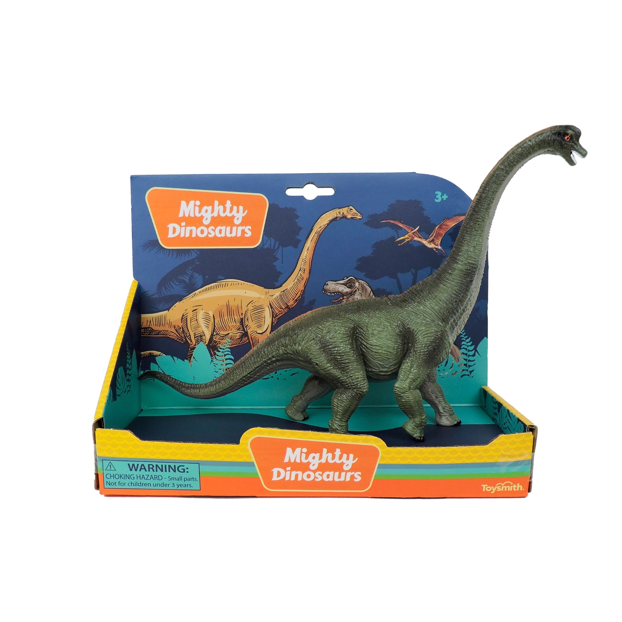 The Toysmith 10in Mighty Dinosaurs display box features a large green, long-necked dinosaur figure, illustrated dinosaurs, and a warning label on the front—perfect for dinosaur fans seeking Jurassic World excitement.
