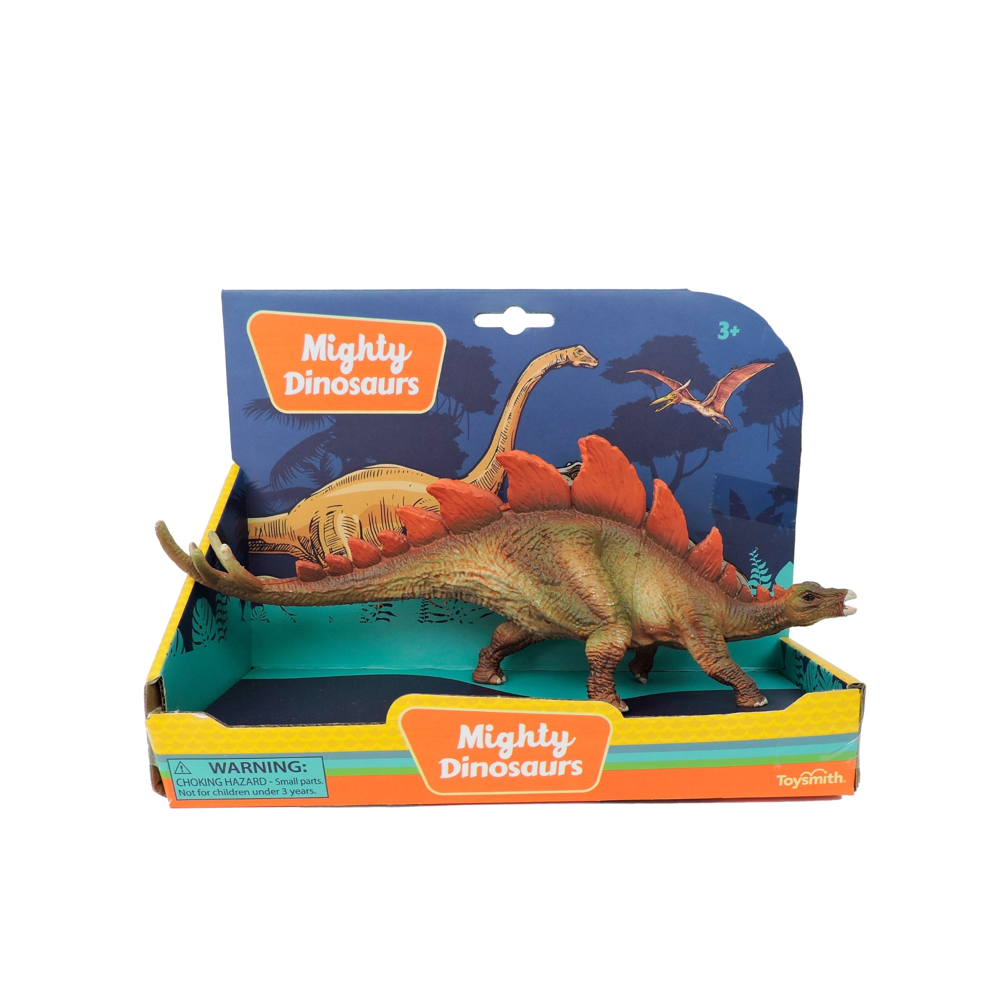 A 10in Mighty Dinosaurs toy Stegosaurus with red plates by Toysmith is displayed in colorful packaging featuring dinosaur toys and Jurassic World-style illustrations.