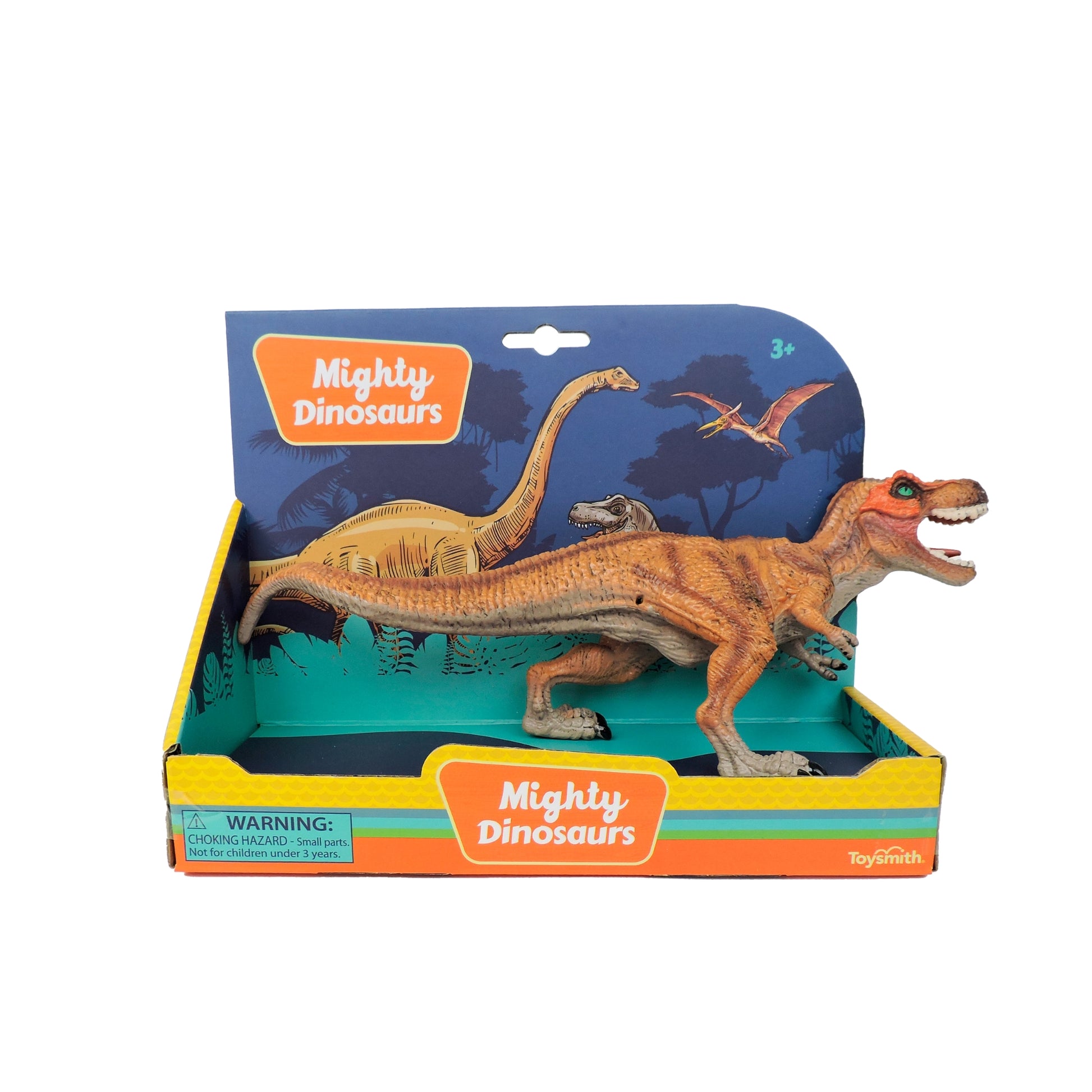 The Toysmith 10in Mighty Dinosaurs comes in orange packaging with a prehistoric background illustration and a corner warning label—ideal for dinosaur toy fans.