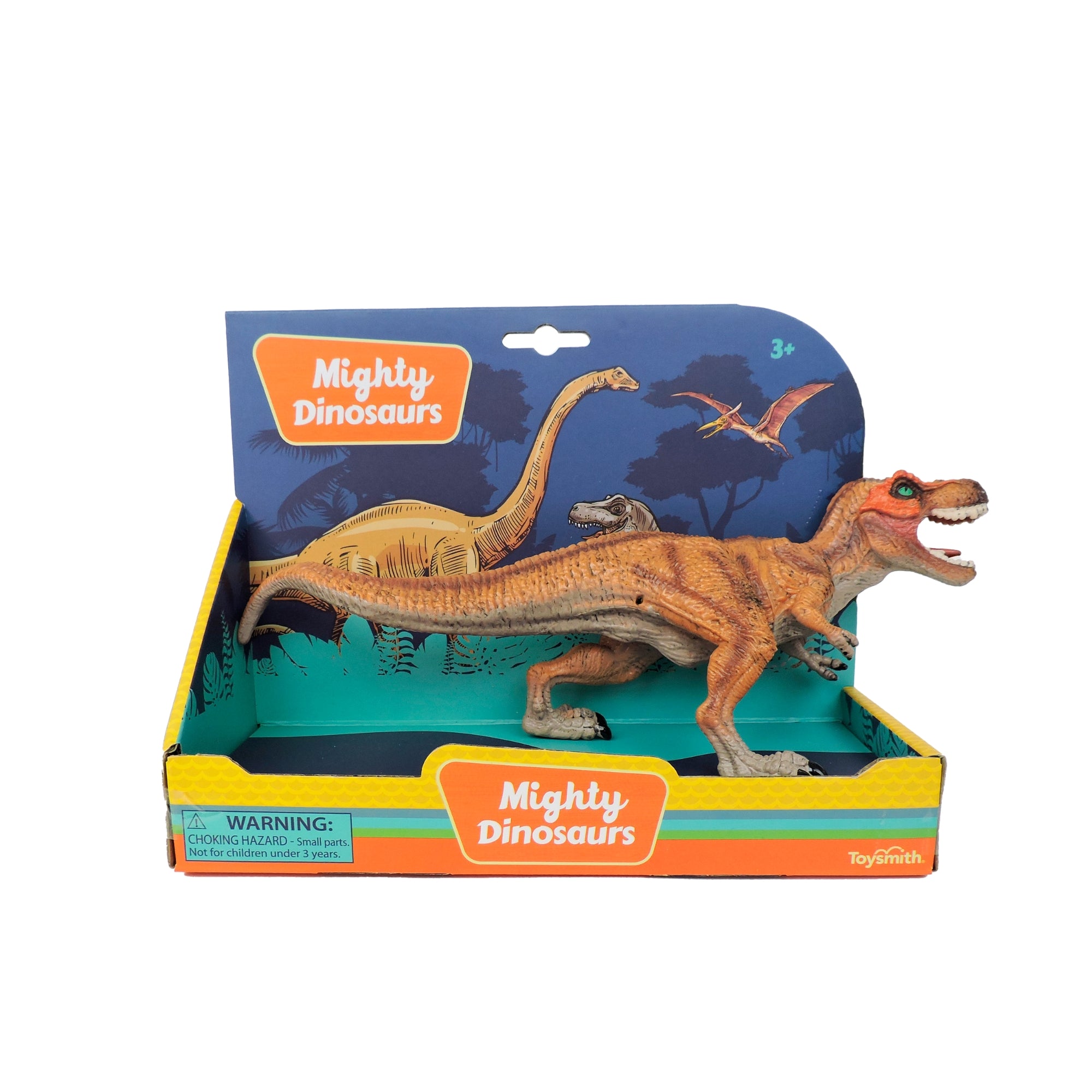The Toysmith 10in Mighty Dinosaurs comes in orange packaging with a prehistoric background illustration and a corner warning label—ideal for dinosaur toy fans.