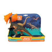 The 10in Mighty Dinosaurs by Toysmith features a frilled dinosaur figure with an orange frill and dark body in a vibrant box with dinosaur illustrations. Ideal for ages 3+, it's perfect for fans of dino toys and Jurassic World.