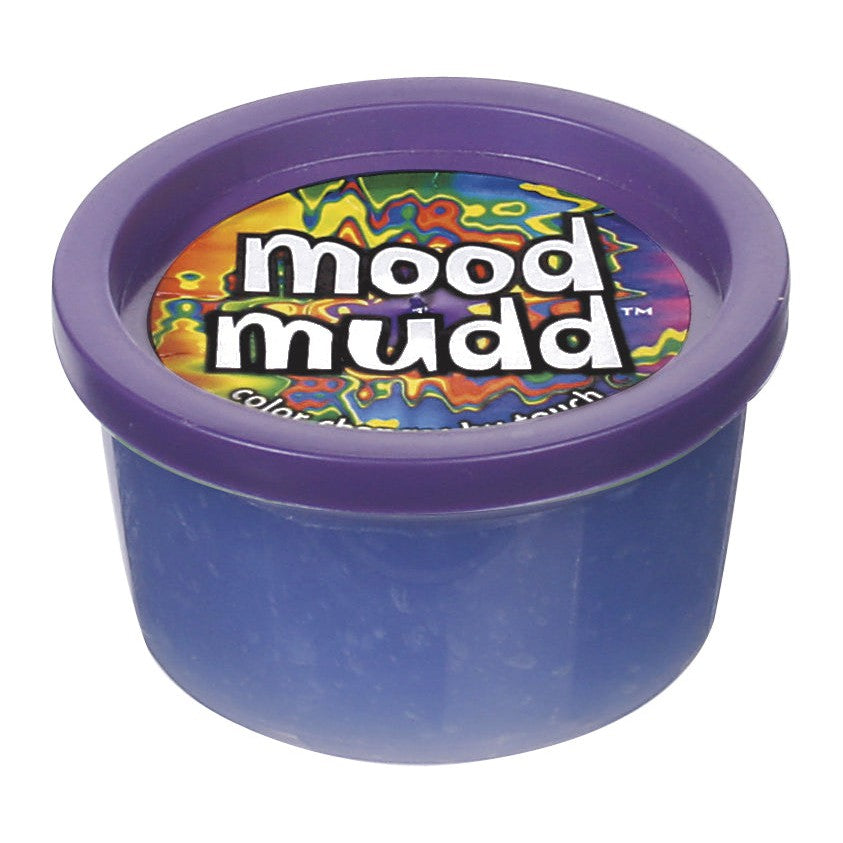 A small purple plastic container labeled "Mood Mudd Changing Color Dough" by Glow-Tec features a colorful swirled lid and likely contains fun, squishy color-changing dough.