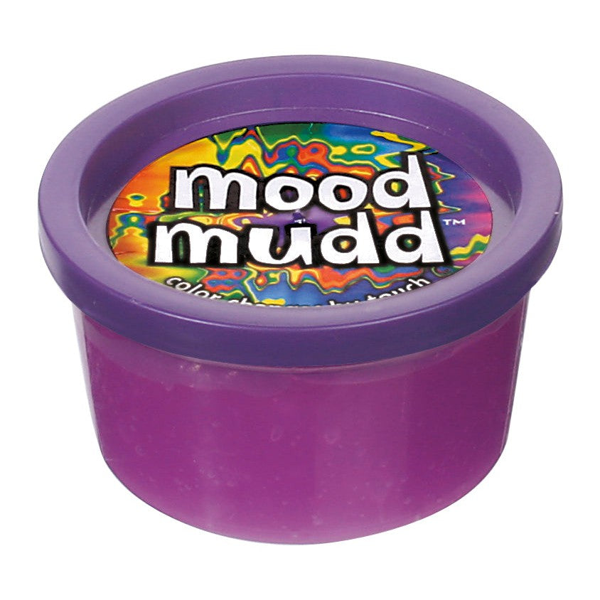 A small purple plastic container labeled Mood Mudd Changing Color Dough by Glow-Tec sits on a psychedelic background, featuring squishy, color-changing dough perfect for sensory fun.
