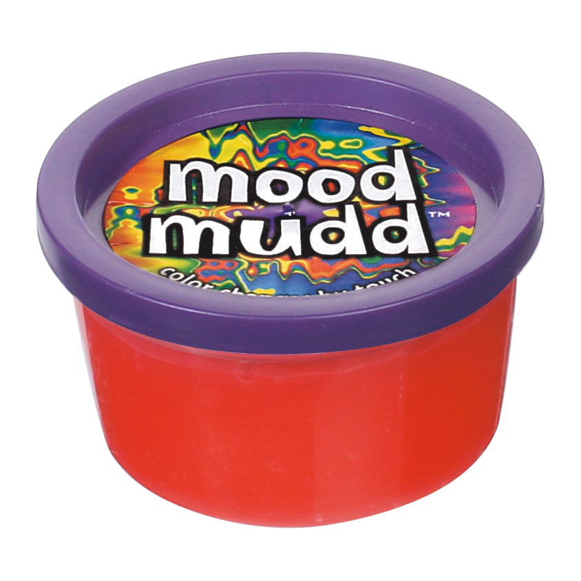 A small plastic container with a purple lid labeled “Mood Mudd Changing Color Dough” by Glow-Tec features a vibrant, tie-dye background. The red container holds moldable, squishy color-changing dough for sensory fun.