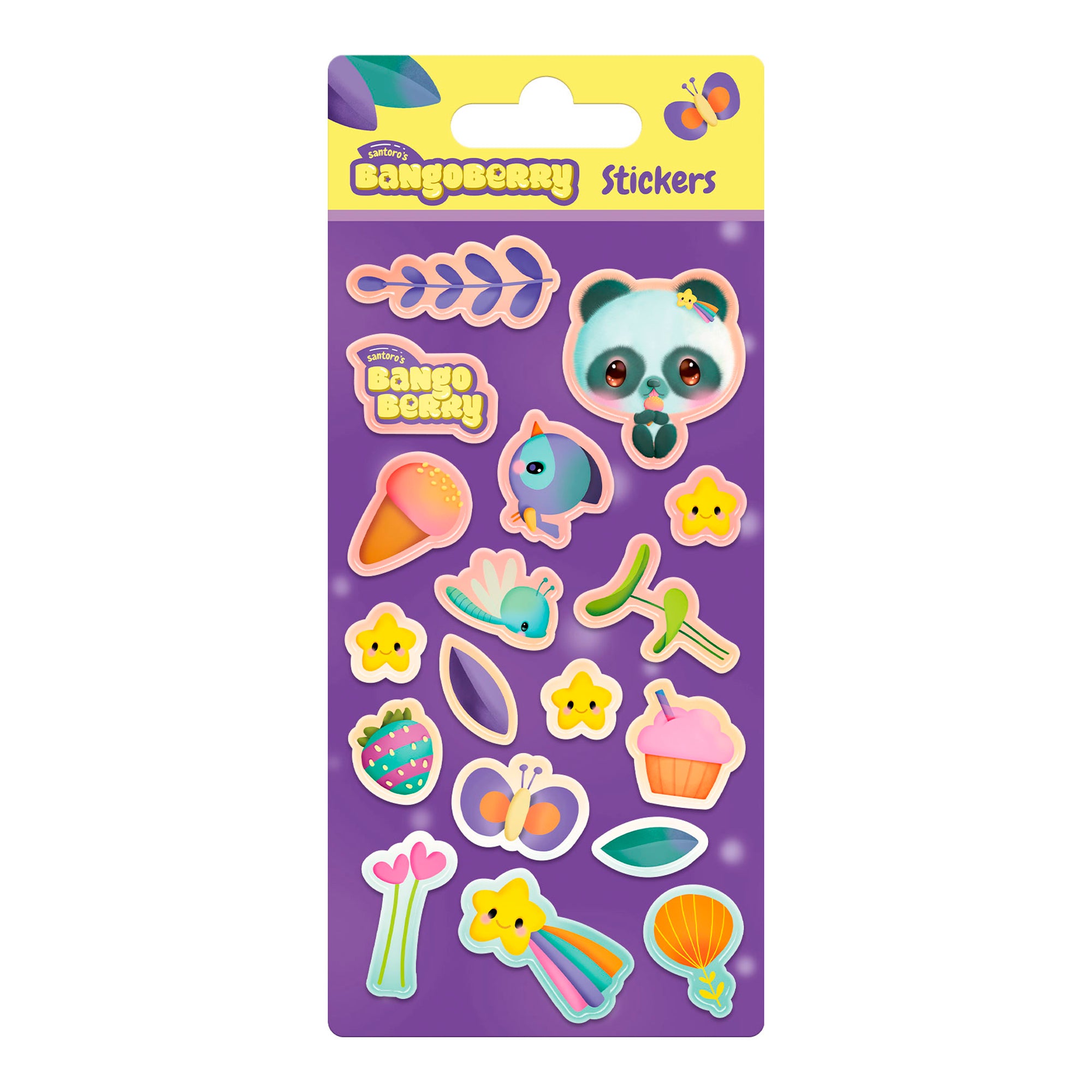 A sheet from the Bangoberry Puffy Sticker Pack Assortment on a purple background, showcasing a panda face, bird, flowers, cupcakes, leaves, seashells, and hearts with a yellow and purple Bangoberry Stickers header.
