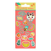 A sheet from the Bangoberry Puffy Sticker Pack Assortment features colorful stickers on a coral background, including a cartoon animal face, leaves, bees, hearts, watermelons, a cupcake, butterfly, and strawberries.