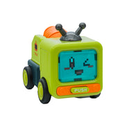 The Toysmith Push N' Transform Truck is a green and blue toy with black wheels, an orange rear section, two antennae, a cartoon face on its screen, and a "PUSH" button below the display.