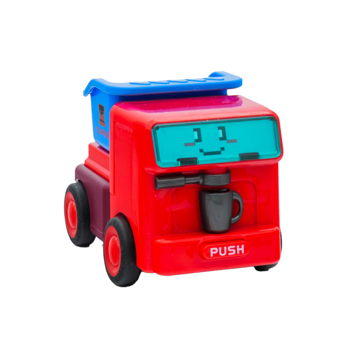 A small, red Toysmith Push N' Transform Trucks toy features a blue roof, smiling digital face on the windshield, coffee cup graphic with "PUSH" below it on the front, all isolated on a white background.