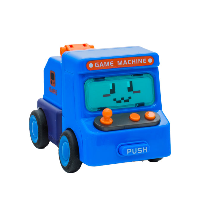 A blue Toysmith Push N' Transform Truck features a digital face on its screen, orange game-console buttons, and "GAME MACHINE" and "PUSH" text—part of Toysmith’s transforming vehicles line.
