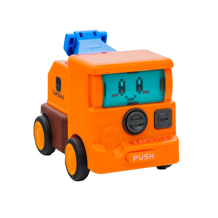 The Toysmith Push N' Transform Truck features a friendly digital face, black wheels, blue top attachment, and a PUSH button—perfect for fans of transforming vehicles and Toysmith trucks.