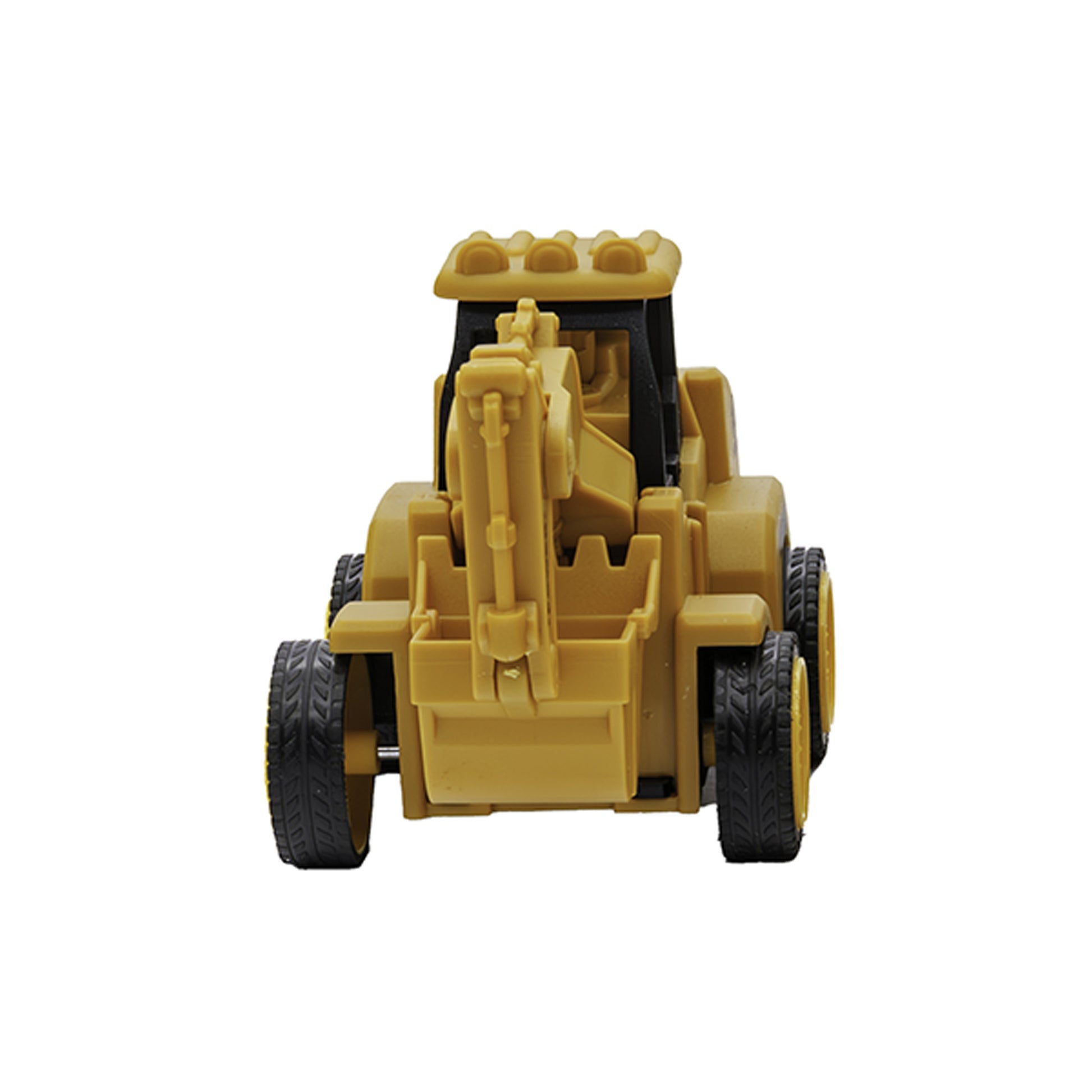 The Rollin’ Die Cast Construction Vehicle by Rollin’ is a yellow toy bulldozer with black wheels, shown from the front on a white background—great for imaginative play and introducing kids to construction vehicles.