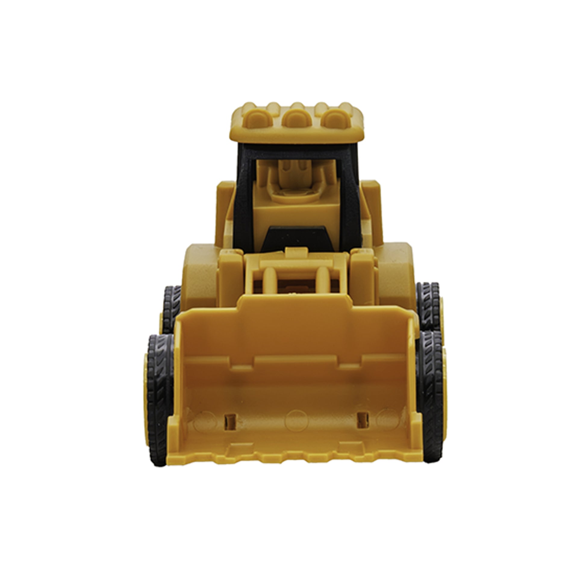 Front view of the Rollin' Die Cast Construction Vehicle by Rollin', a yellow toy bulldozer with black details, large black wheels, and movable parts for imaginative play, shown on a white background.