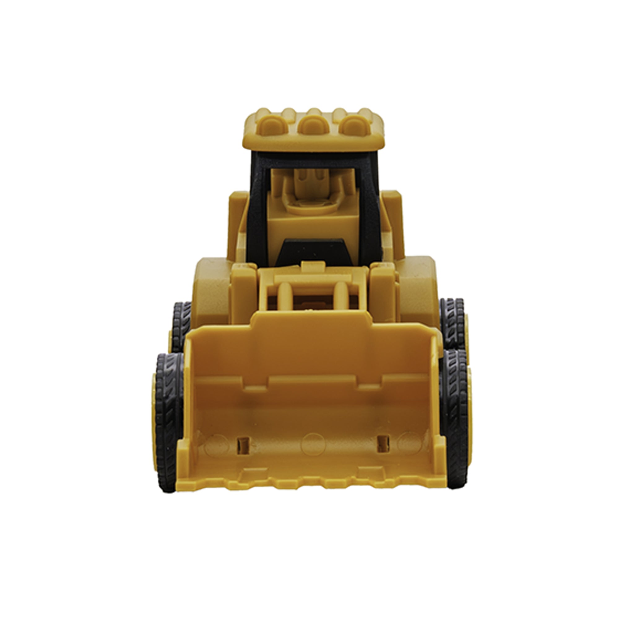 Front view of the Rollin' Die Cast Construction Vehicle by Rollin', a yellow toy bulldozer with black details, large black wheels, and movable parts for imaginative play, shown on a white background.