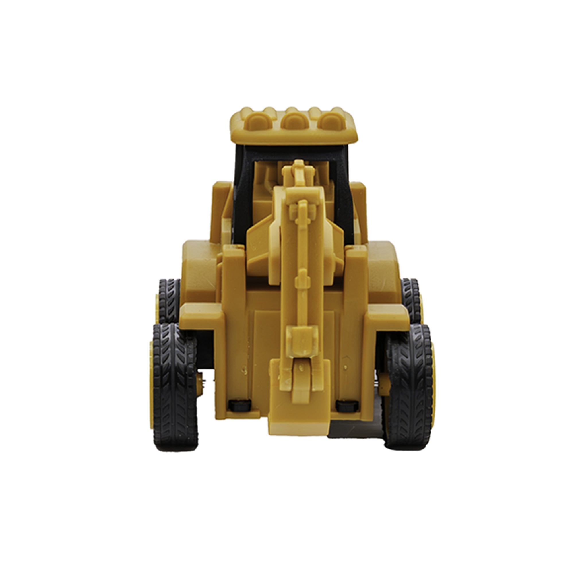 A front view of the Rollin' Die Cast Construction Vehicle by Rollin', a yellow toy bulldozer with black wheels, is shown on a white background. Its movable front arm and scoop are ideal for imaginative construction play.