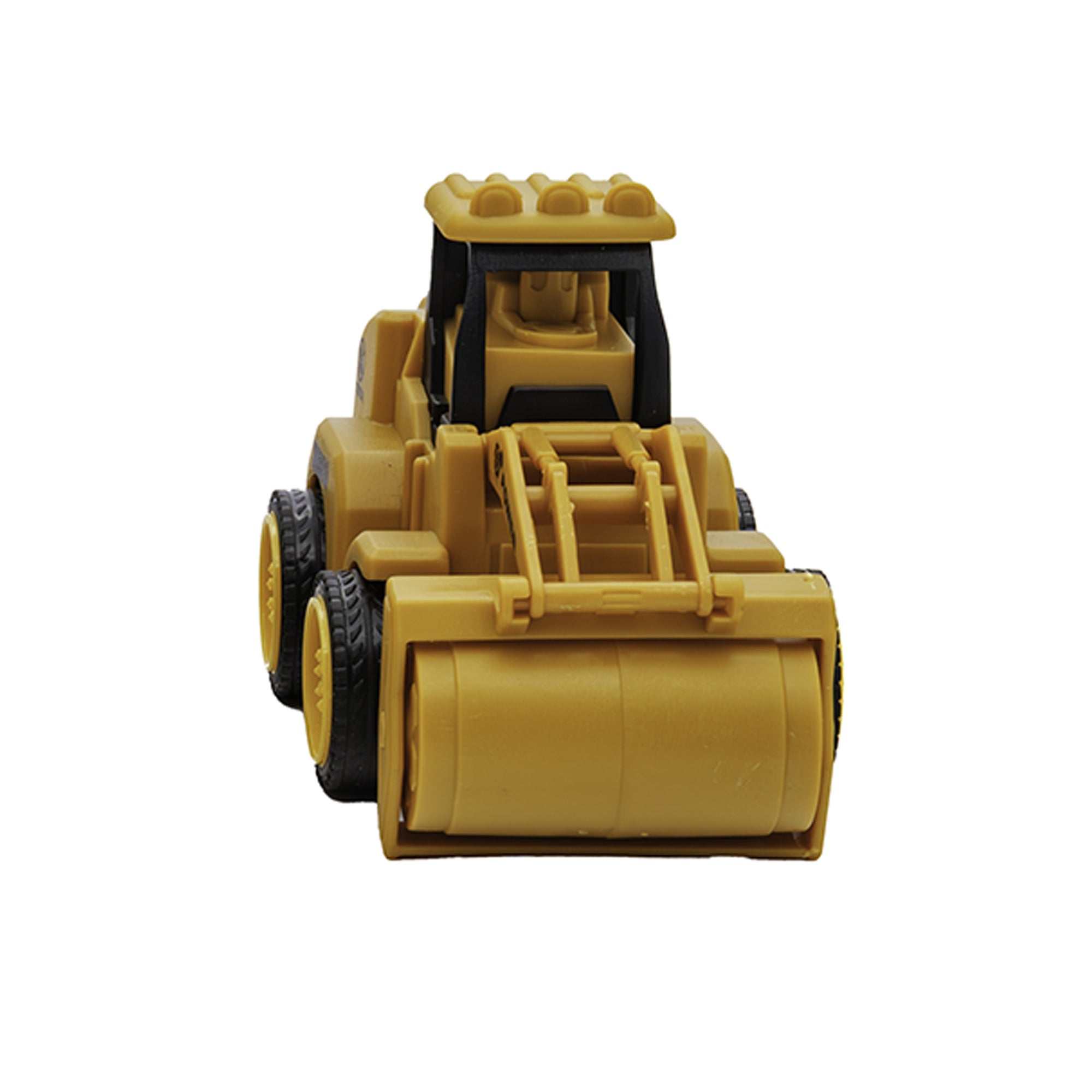 The Rollin' Die Cast Construction Vehicle by Rollin' is a yellow toy bulldozer with black wheels, shown facing forward on a white background—ideal for imaginative play and introducing kids to construction vehicles.