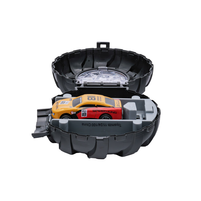 The Rollin' Launch 'N Race by Rollin' features a yellow die-cast vehicle with black and orange accents, housed in a partially open, gray, round clamshell carrying case.