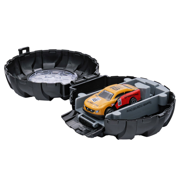 The Rollin' Launch 'N Race by Rollin' features a die-cast race car secured inside an open, round black carrying case with compartments for easy storage.