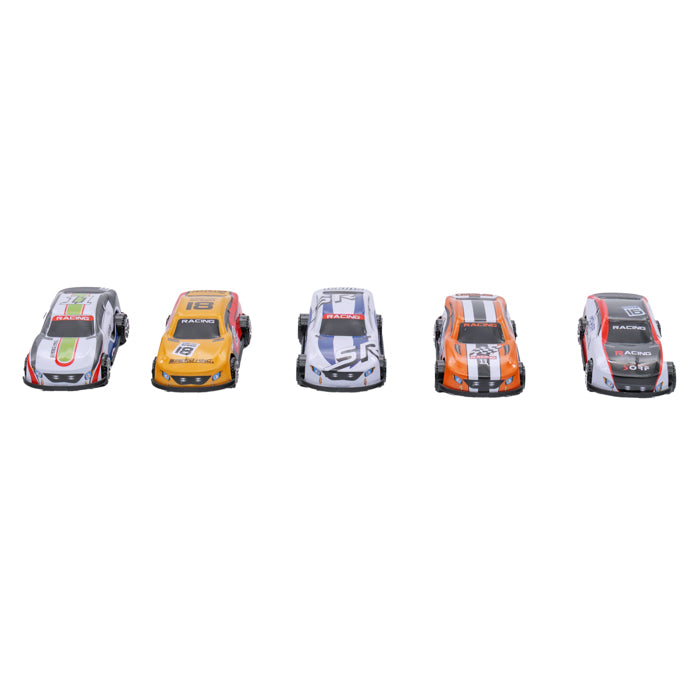 Five Rollin' Launch 'N Race toy cars in green, yellow, blue, orange, and red are lined up side by side on a white background, ready to speed off like die-cast vehicles from Rollin'.
