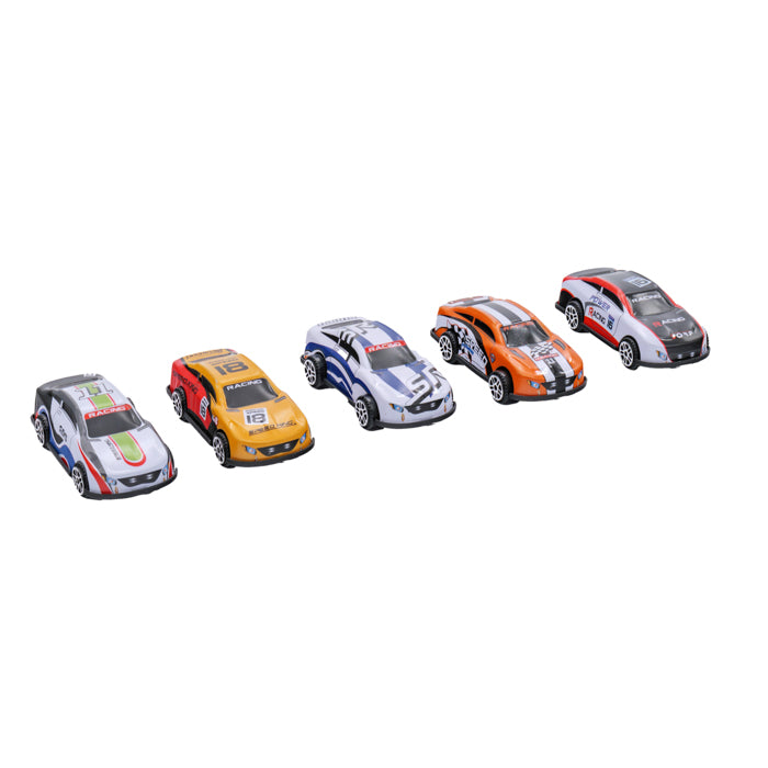 Five Rollin' Launch 'N Race die-cast cars from Rollin’—white, yellow, blue, orange, and black—are lined up side by side on a white background. Each car features unique designs and vibrant finishes, ready for action.