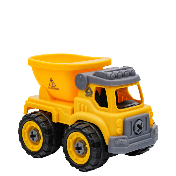 The Toysmith Take Apart Construction by Toysmith is a yellow and gray plastic dump truck with large black wheels, a tilted bed, and caution sticker—perfect for kids who love interactive play with construction vehicles. Shown on a white background.