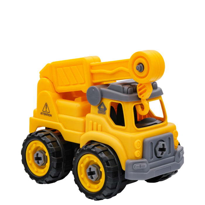 The Toysmith Take Apart Construction by Toysmith is a yellow and gray plastic crane truck with black wheels, a movable arm and hook, realistic details, warning decals, and take apart design—perfect for young construction vehicle fans.