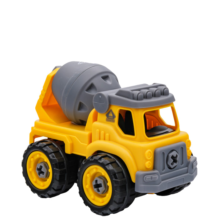The Toysmith Take Apart Construction cement mixer by Toysmith is a yellow and gray toy truck with large black wheels, detailed cab, and rotating drum, perfect for kids who love construction vehicles. Shown on a white background.