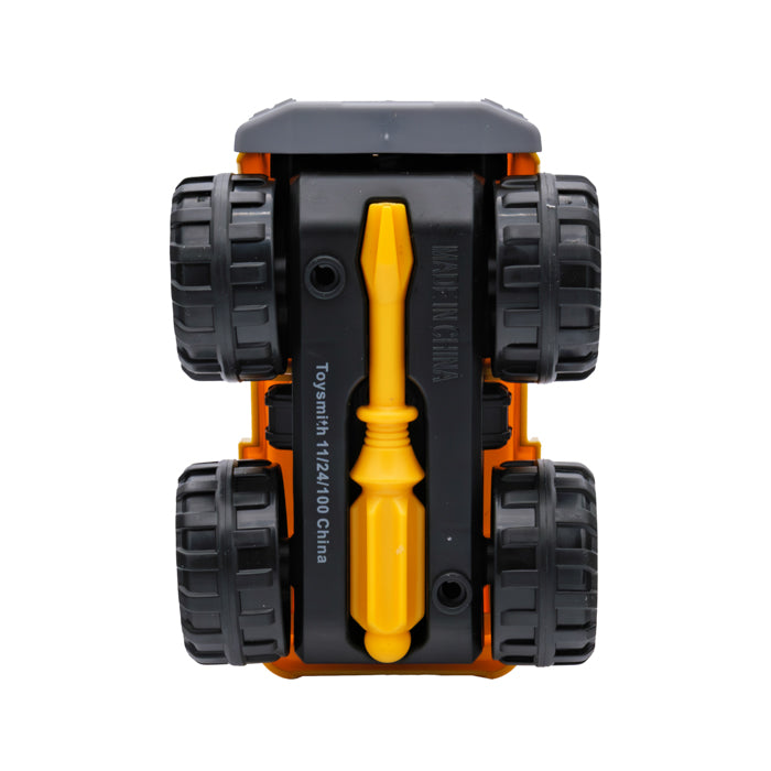 A Toysmith Take Apart Construction toy is shown from above with four black wheels and a yellow plastic tool in the center. "Toysmith 1/24/100 China" is printed on it. The background is white, making it perfect for interactive play.