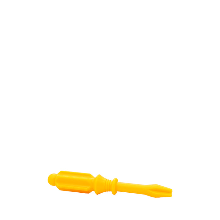 A yellow plastic flat-blade toy screwdriver from the Toysmith Take-Apart Construction Equipment set by Toysmith lies horizontally on a white background.