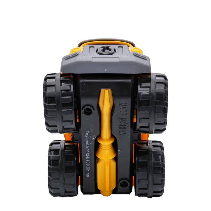 Close-up of the underside of a Toysmith Take-Apart Construction Equipment vehicle by Toysmith, featuring yellow and gray colors, four large black wheels, a yellow axle, and molded product details for interactive play.