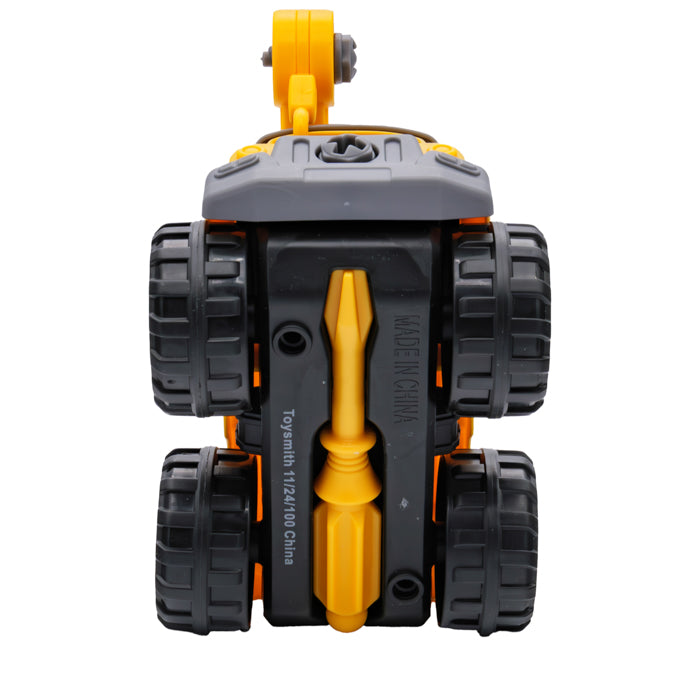 A bottom view of the Toysmith Take-Apart Construction Equipment shows large black wheels, a yellow center bar, and “Toysmith 1/12/4100 China” printed underneath for interactive play.