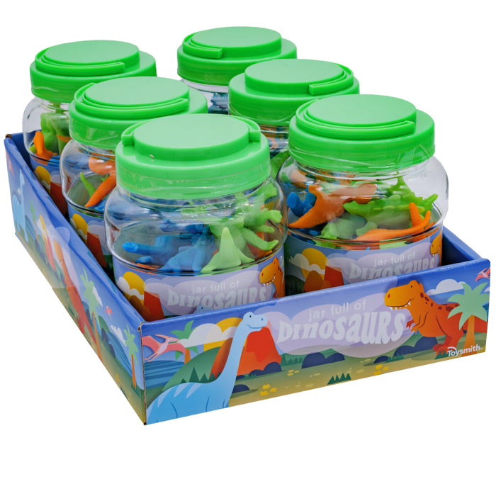 The Toysmith Jar Full of Dinos by Toysmith includes a display box with six clear jars capped in green, each filled with colorful dinosaur figures. Cartoon dinos and "Jar Full of Dinos" on the box make it ideal for young dino enthusiasts.
