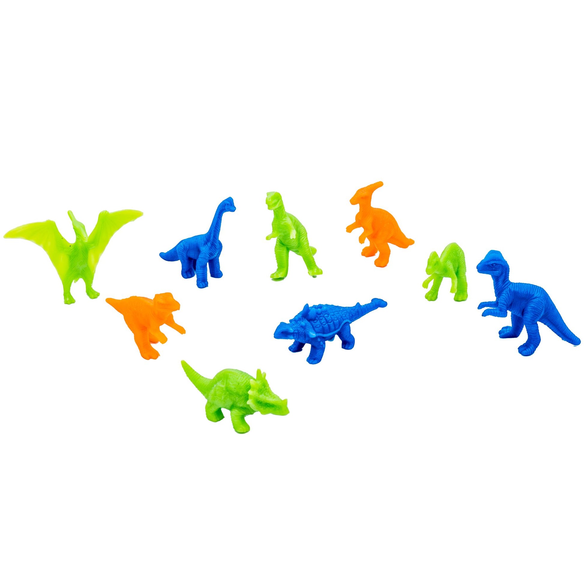 The Toysmith Jar Full of Dinos by Toysmith features small, colorful dinosaur figures in blue, green, and orange, showcasing various species and poses against a white background.