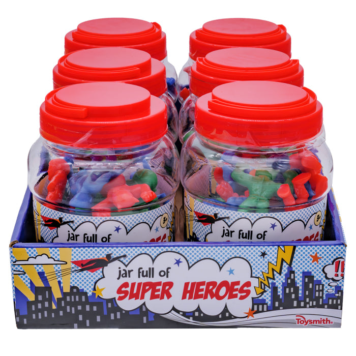 Toysmith Jar Full of Super Heroes features six red-lidded jars with colorful superhero action figures, displayed in a decorative box with comic graphics and cityscape—ideal for imaginative play. By Toysmith.