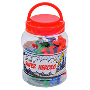 The Toysmith Jar Full of Super Heroes is a clear plastic jar with red lid and handle, packed with colorful superhero action figures for imaginative play. The label features comic-style graphics, perfect for creative role-playing adventures.